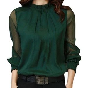 Frill Neck Chiffon Emerald Blouse w/ Back Keyhole
